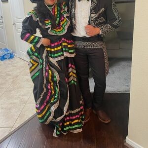 Woman’s Black Mexican Traditional Dance Dress with Pink, Green & Gold Ribbons